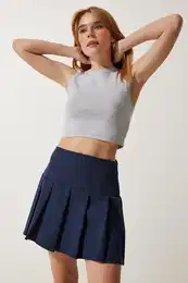 Happiness stanbul Women's Navy Blue Pleated Mini Woven Skirt