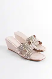 Women's Wedge Heel Stone Band Satin Slippers