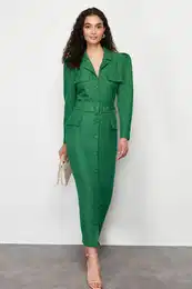 Khaki Belted Linen Look Woven Shirt Dress