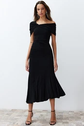 Black Asymmetric Collar Knitted Elegant Evening Dress