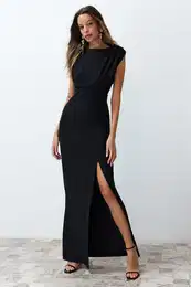 Black Padded Woven Long Elegant Evening Dress