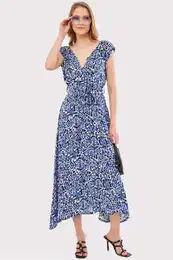 Women's Saks Efta Dress Back And Front Side Double Breasted Belted Patterned Midi Length