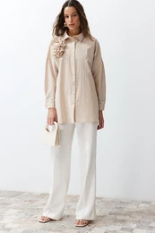 Stone Applique Flower Detailed Cotton Woven Shirt