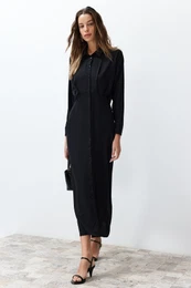 Black Waist Detailed Buttoned Woven Shirt Dress