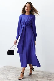 Saxe Blue Waist Tie Detail Woven Dress