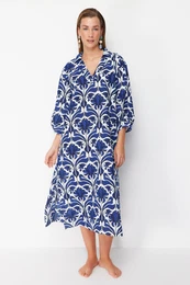 Ethnic Patterned Wide Pattern Weaving 100% Cotton Midi Beach Dress