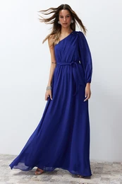 Saks A-Cut One Sleeve Accessories Woven Chiffon Long Evening Evening Dress