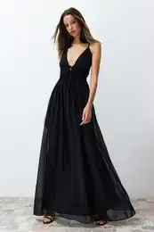 Black A-Line Woven Chiffon Long Elegant Evening Dress