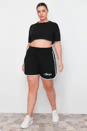 Curve Black Slogan Printed Piping Detailed Knitted Plus Size Shorts & Bermuda