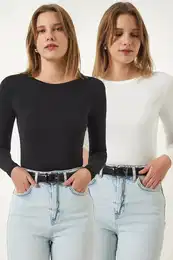 Happiness stanbul Women's Black and White Crew Neck Wrap 2-Pack Basic Knitted Blouse