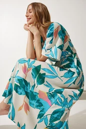 Happiness stanbul Women's Ecru Turquoise Wrap Collar Patterned Knitted Dress