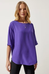 Happiness stanbul Women's Purple Crew Neck Flowy Viscose Blouse