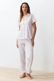 Pink-Multicolored 100% Cotton Floral Ruffle Detailed Knitted Pajama Set