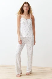 White-Multicolored Floral Tied and Rope Suspender Knitted Pajama Set