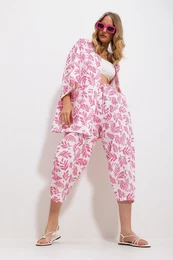 Trend Alaat Stili Women's Fuchsia Patterned Kimono With Jacket And Trousers Linen Woven Bottom Top Set