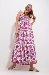 Trend Alaat Stili Women's Pink Strap Skirt Flounce Floral Pattern Gimped Woven Dress