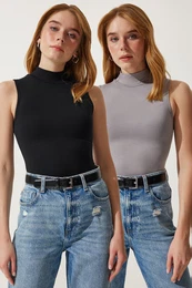 Happiness stanbul Women Black Gray Stand Collar Sleeveless