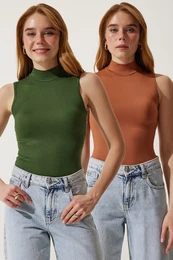 Happiness stanbul Women's Dark Green Camel High Neck Sleeveless