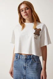 Happiness stanbul Women's Ecru Teddy Bear Crest Crop Knitted T-Shirt