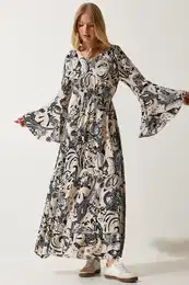 Happiness stanbul Women's Beige Patterned Summer Viscose Dress
