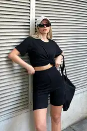 Trend Alaat Stili Women's Black Crew Neck Shorts Double Suit