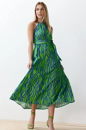 Blue Animal Shift Halter Neck Halter Neck Shally Maxi Woven Dress