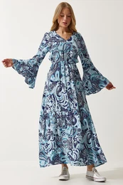Happiness stanbul Women's Sky Blue Patterned Summer Viscose Dress