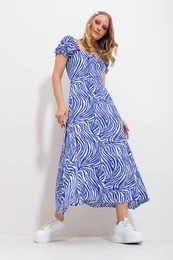 Trend Alaat Stili Women's Saxe Blue Square Neck Floral Pattern Woven Dress