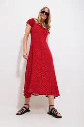 Trend Alaat Stili Women's Red Square Neck Floral Pattern Woven Dress