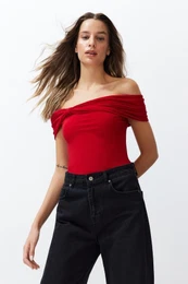 Red Carmen Collar Fitted Flexible Crop Knitted Madonna Collar Blouse