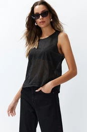 Black Transparent Detailed Fine Knitted Blouse