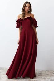 Burgundy A-Cut Flounce Woven Long Elegant Evening Dress