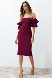 Woven Elegant Evening Dress with Purple Rose Accessories