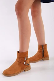 Women's Sukie Brown Suede Buckled Flat Heeled Boots, Tan Suede.