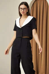 Black Collar Button Detailed Trouser Suit