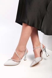 Women's Silvy Silver Satin Stone Heeled Shoes