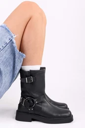 Women's Brocks Black Skin Buckled Thick Sole Boots