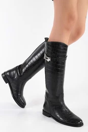 Women's Matia Black Crocodile Rider Long Boots