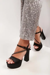 Women's Flora Black Satin Stones Platform Heeled Shoes