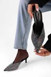 Women's Corsage Black Satin Stone Heeled Evening Dress Slippers