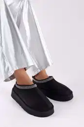 Women's Uggps Black Shearling Short Suede Plain Slippers Black Textile.