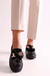 Women's Astor Black Patent Leather Thick Sole Bow Loafers Black Patent Leather
