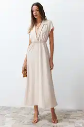 Beige A-line Double Breasted Collar Aerobin DMidi reading Dress