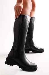 Women's Perla Black Genuine Leather Heeled Boots Black Genuine Leather