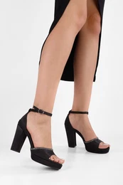 Women's Kea Black Satin Stone Platform Heel Shoes