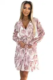 Chiffon dress with a neckline, ruffles and a belt