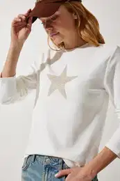 Happiness stanbul Women's Ecru Star Printed Knitted Blouse