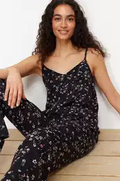 Black Floral Ruffle Rope Strap Viscose Woven Pajamas Set