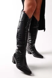 Women's Meot Black Crocodile Patent Leather Heeled Western Riding Boots Black Crocodile Patent Leather