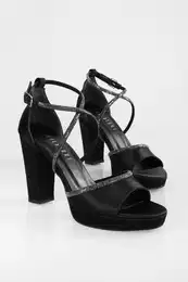Women's Jayne Black Satin Stone Platform Heel Shoes